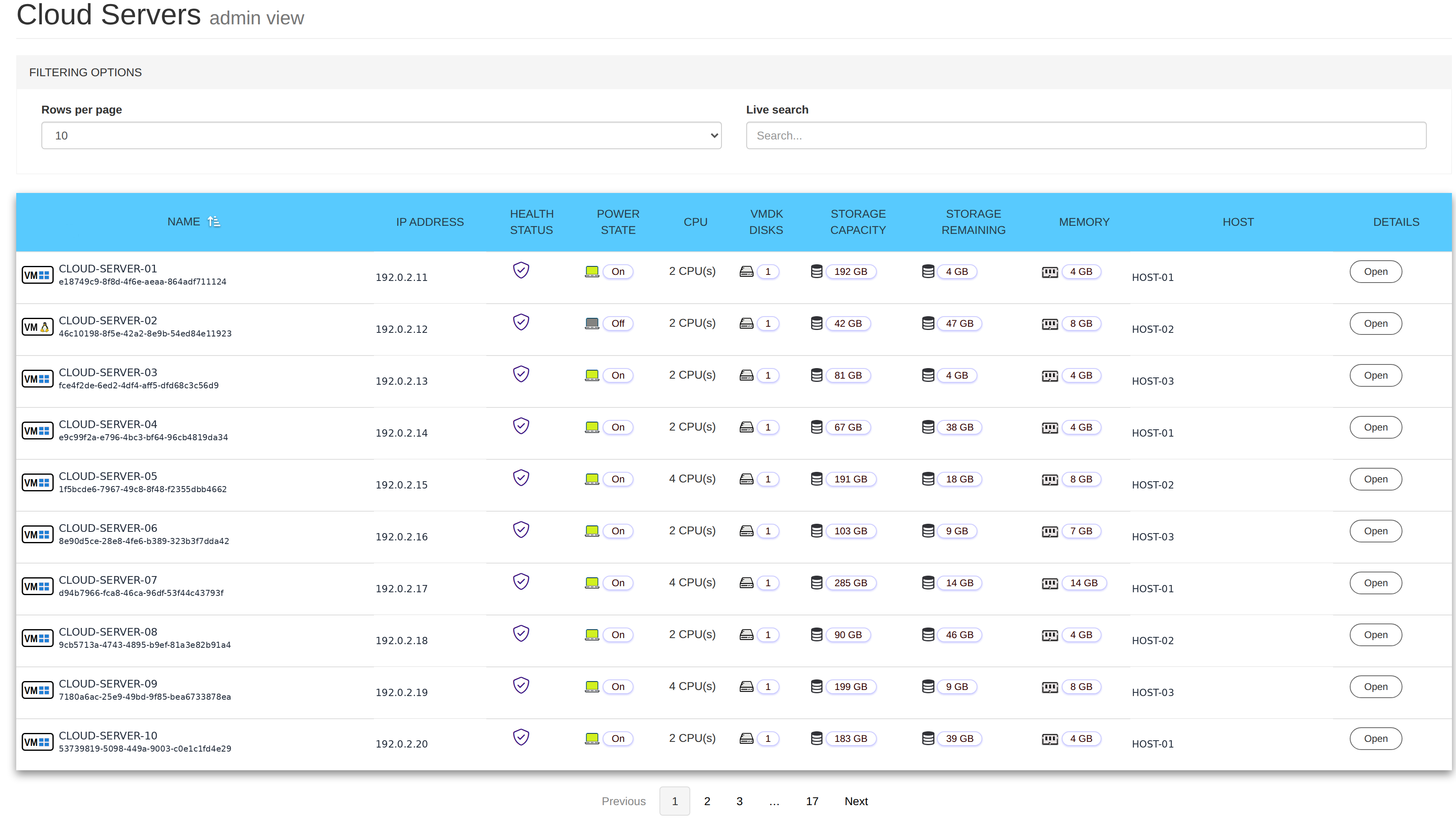 Cloud Servers list in the Cloud Dashboard