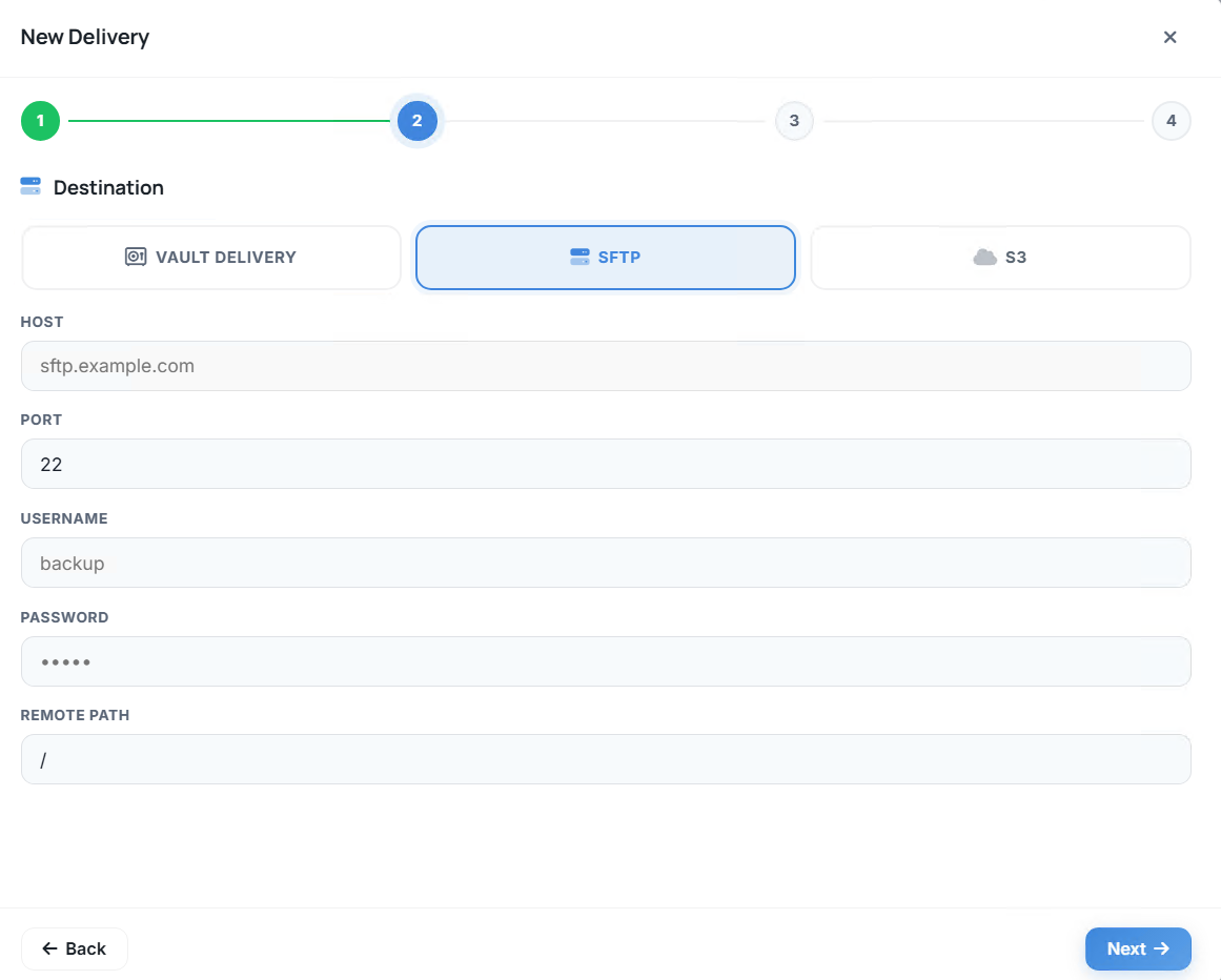 Delivery Client: SFTP delivery destination settings with example values